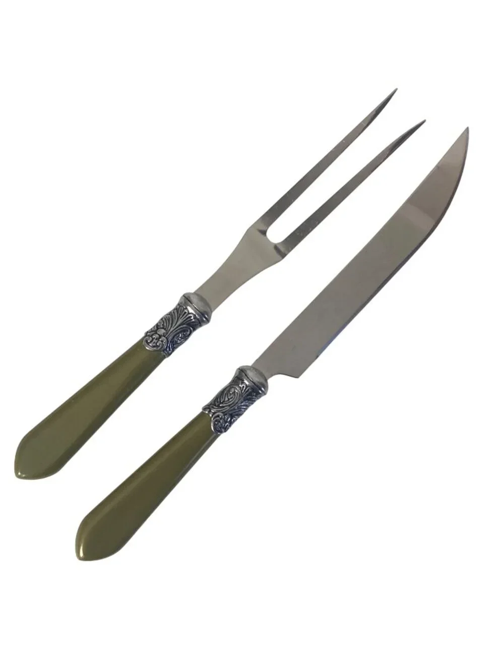Vintage Le Baroque Carving Knife & Fork Set Green Handles Stainless Steel